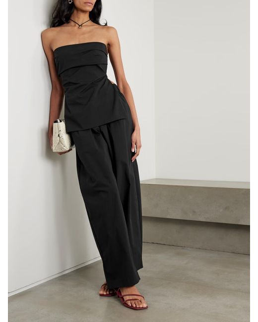 St. Agni Black Bandeau Tie-Back Pleated Cotton-Blend Top