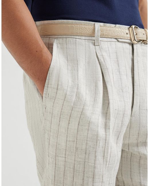 Brunello Cucinelli Gray Striped Pleated Trousers for men