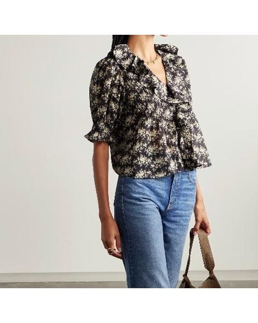 Doen Black Henri Ruffled Pintucked Floral-Print Organic Cotton-Voile Top