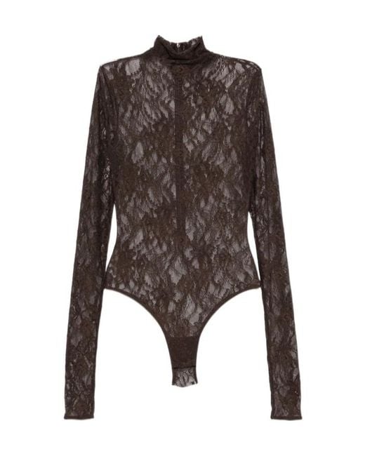 ANDAMANE Brown Ziggy Lace-Pattern High-Neck Bodysuit