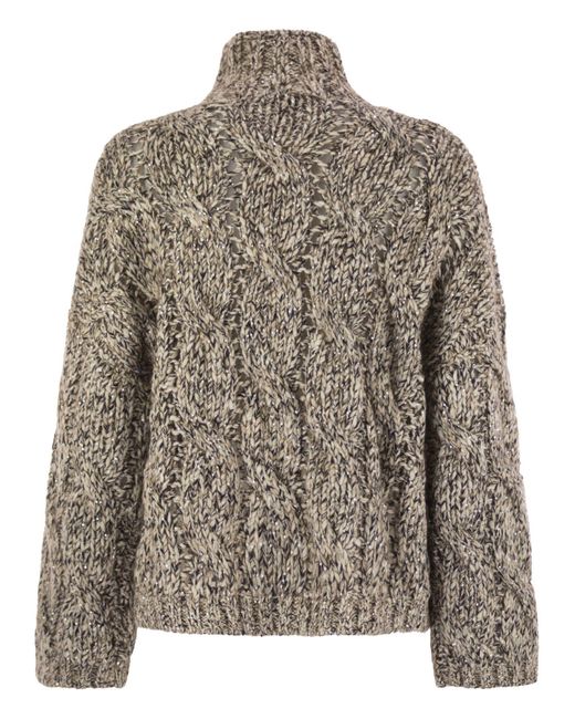 Brunello Cucinelli Brown Soft Wool, Cashmere And Mohair Turtleneck Sweater With Braided Design