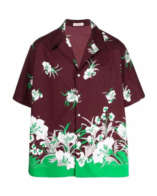 Valentino Green Floral-Printed Straight Hem Shirt for men