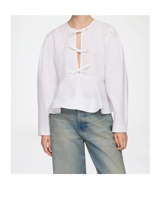 Ganni White Bow-Front Peplum Top