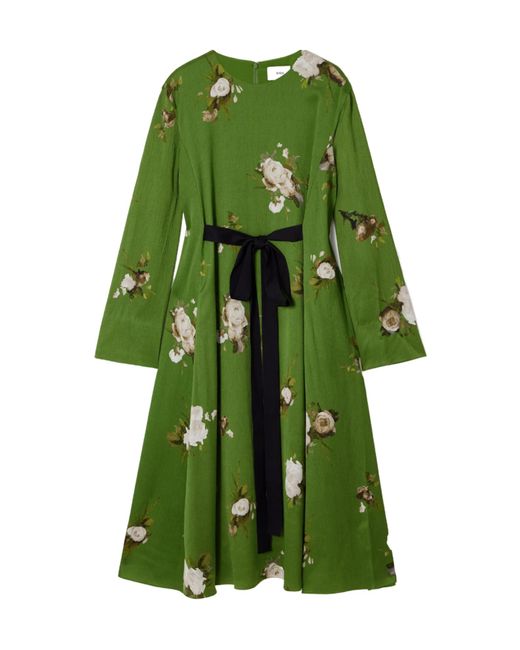 Erdem Green Bow-Detailed Floral-Print Plissé-Satin Midi Dress