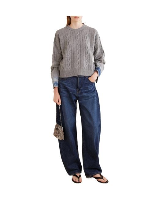 Haikure Gray Karine Denim-Trimmed Cable-Knit Cotton Sweater