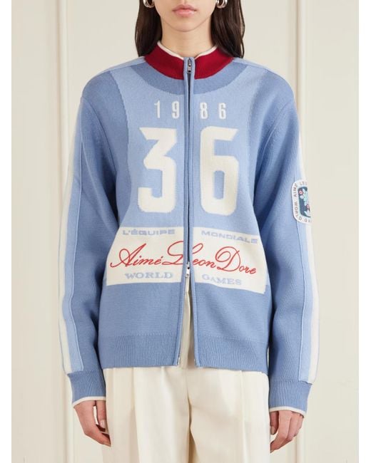 Aimé Leon Dore Blue Jacquard Knit Wool Zip-Up Cardigan