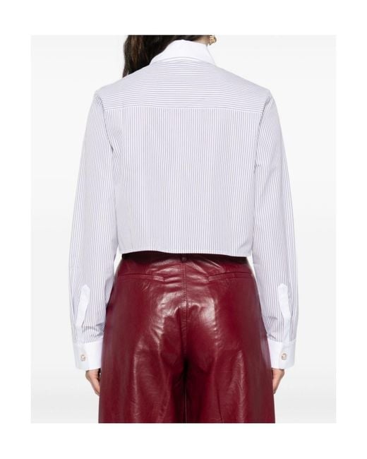 Casablanca White Cropped Long-Sleeved Striped Shirt With Floral Embroidery