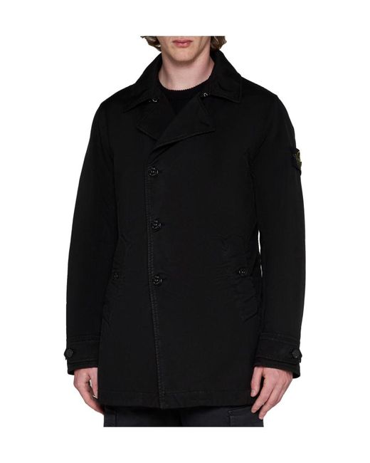 Stone Island Black Compass-Patch Long-Sleeved Button-Up Coat for men