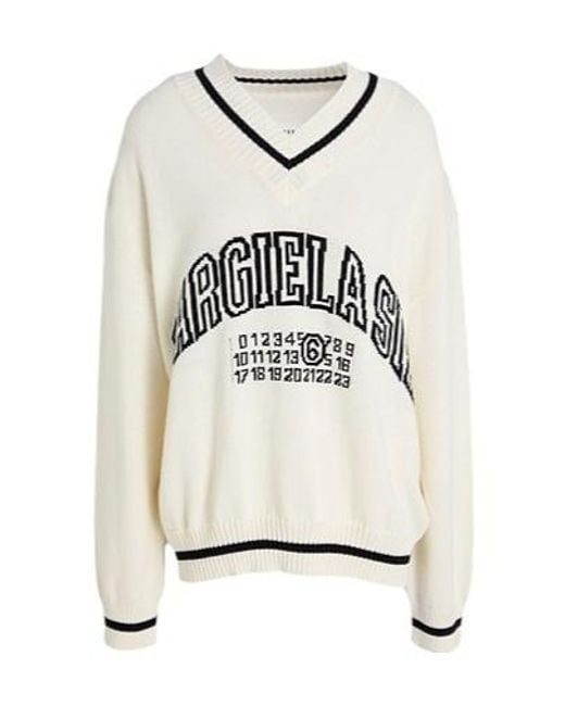 MM6 by Maison Margiela Natural Two-Color V-Neck Knitted Sweater