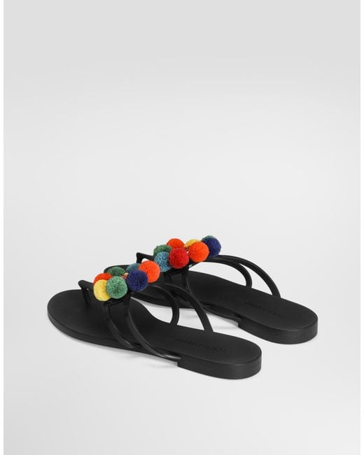 Dolce & Gabbana Multicolor Rubber Beachwear Slides With Pom-Poms
