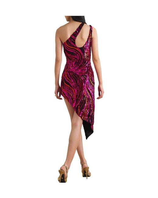 Halpern Red One-Shoulder Cutout Sequined Tulle Mini Dress