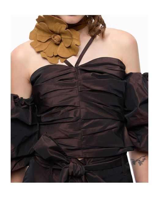 Pinko Black Crop Top With Puff Sleeves