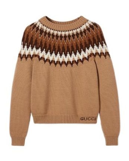 Gucci Brown Pattern Intarsia Knit Sweater for men