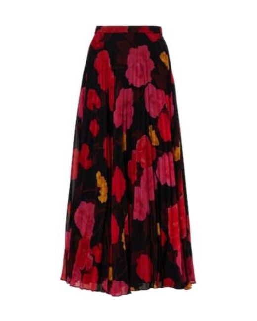 Erdem Red Pleated Floral Midi Skirt