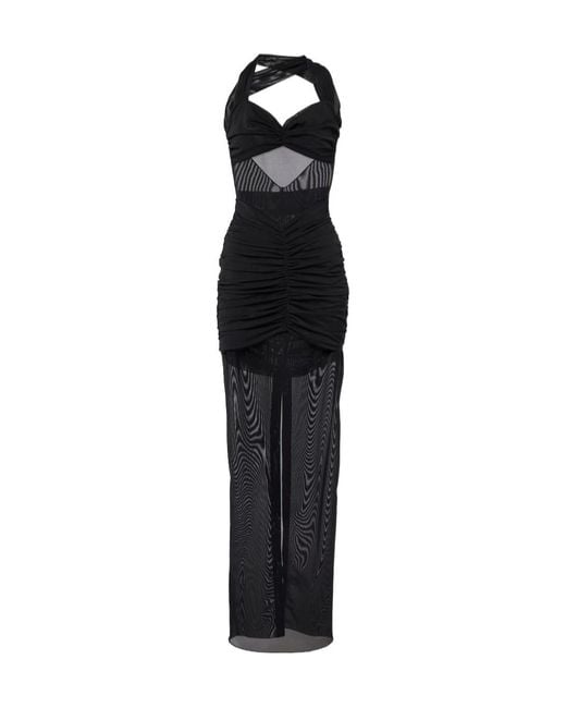 Alessandra Rich Black Ruched Sheer Mesh Maxi Dress