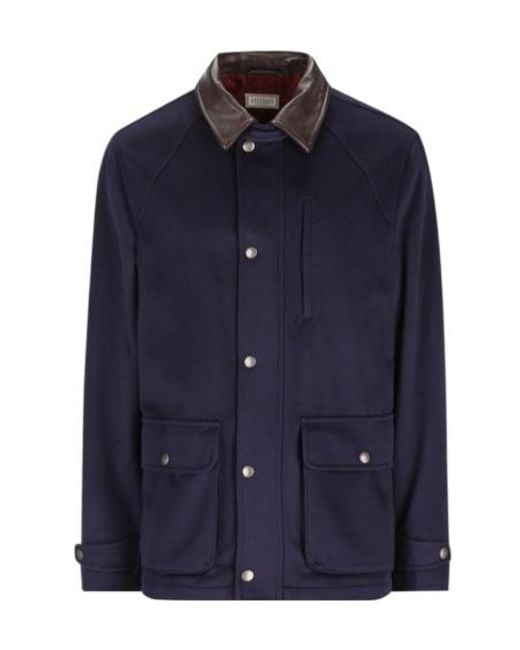 Brunello Cucinelli Blue Snap-Front Stand-Collar Coat for men