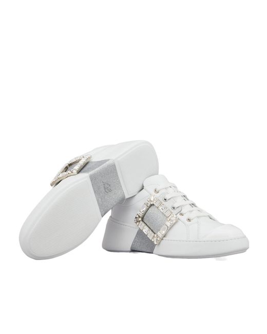 Roger Vivier White Viv' Skate Glitter Embellished Buckle Sneakers