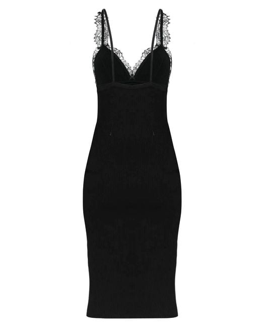 Blumarine Black Lace-Trimmed Ribbed Midi Dress
