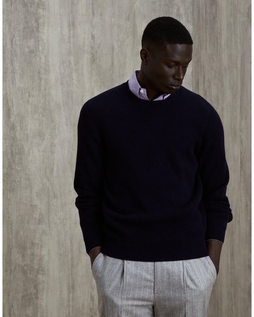 Brunello Cucinelli Blue Crew-Neck Cashmere Jumper for men