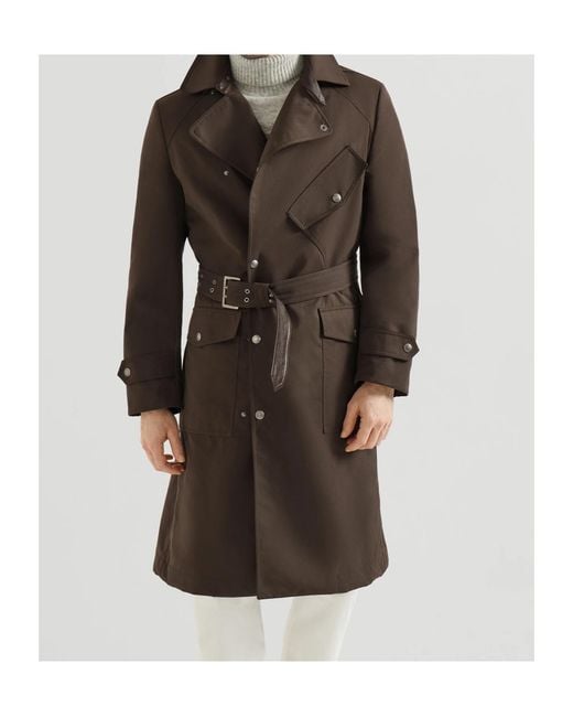 Brunello Cucinelli Brown Water-Resistant Microfiber Motorcyle Trench With Nappa Leather Inserts for men