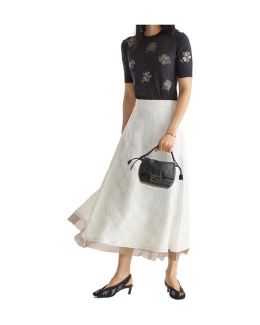 Fendi White Floral Jacquard Tied-Waist Midi Skirt