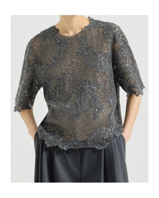 Brunello Cucinelli Gray Dazzling Lace-Embroidery T-Shirt