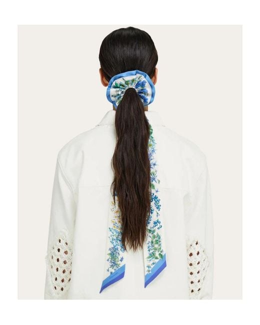 Ferragamo Blue Spring Print Silk Scrunchie With Mini Bandeau
