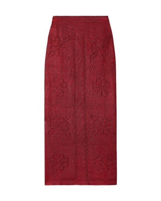 Calle Del Mar Red Pointelle-Knit Midi Skirt