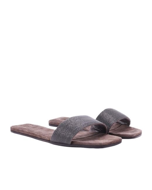 Brunello Cucinelli Gray Embellished Open Toe Slides