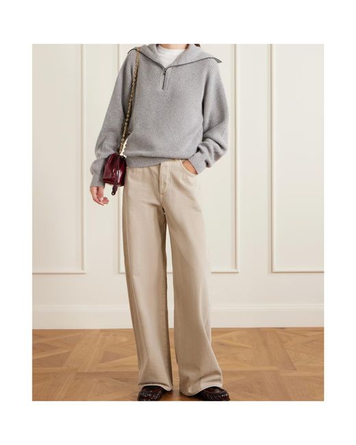 The Elder Statesman Gray Runyon Ribbed Cashmere Turtleneck Half-Zip Sweater