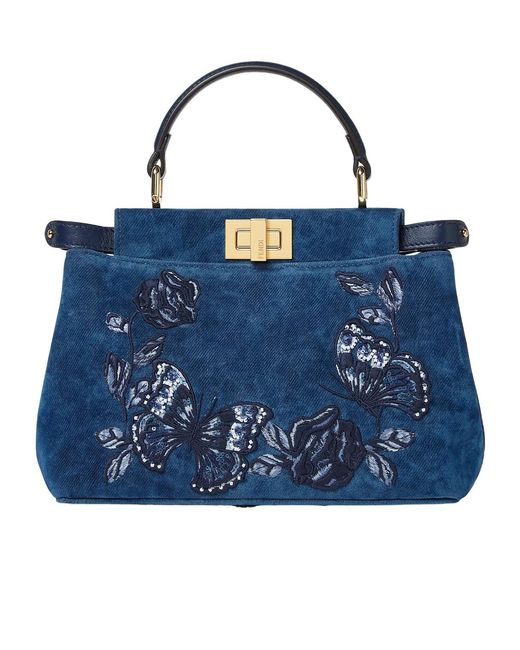 Fendi Blue Mini Peekaboo Floral-Embroidered Denim Tote Bag