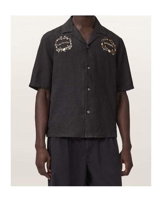 AllSaints Black Klavicle Short Sleeve Linen Embroidered Shirt for men