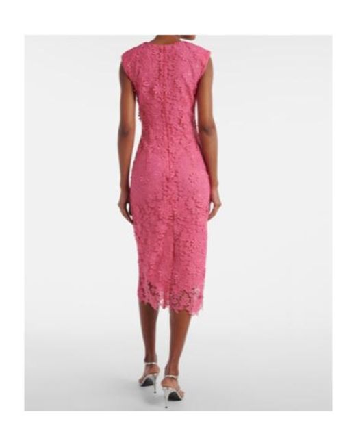Monique Lhuillier Pink Hibiscus Floral Lace Midi Dress