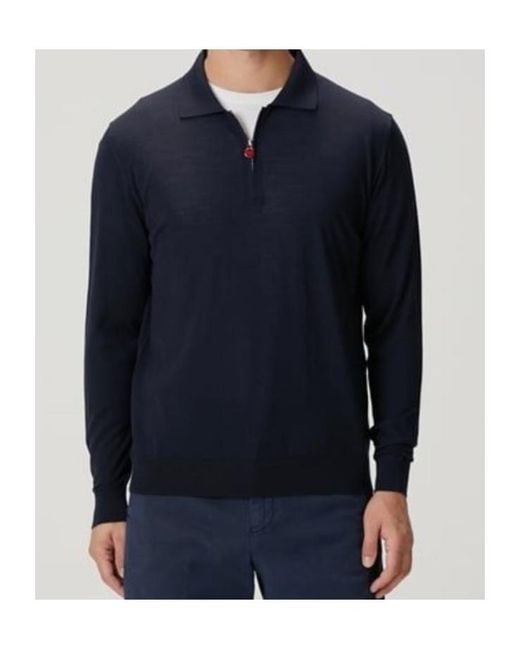 Kiton Blue Long-Sleeved Zippered Knit Polo Shirt for men