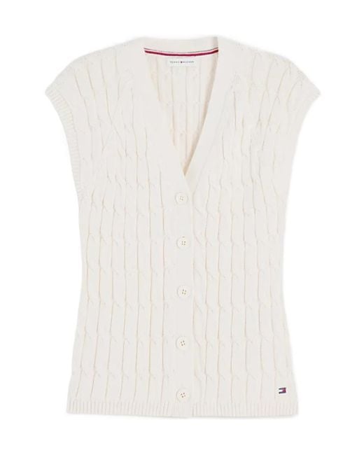 Tommy Hilfiger White Cable-Knit Sleeveless Cardigan