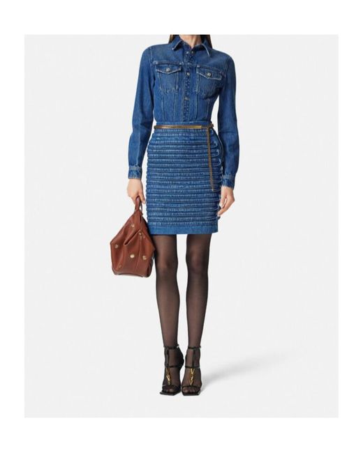 Versace Blue High-Waist Panel-Detailed Denim Mini Skirt