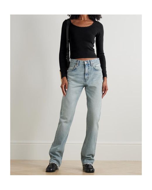 Re/done Blue The Blondie Distressed High-Rise Straight-Leg Organic Jeans