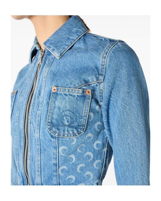 MARINE SERRE Blue Cropped Moon-Pattern Denim Jacket