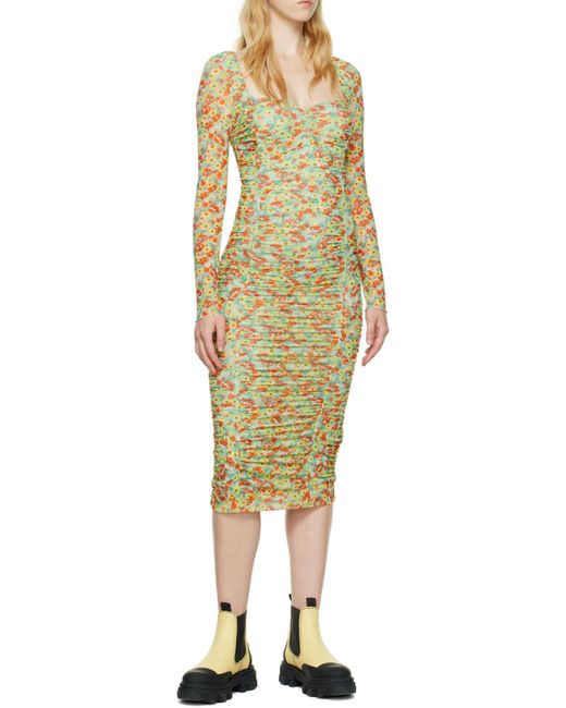 Ganni White Printed Mesh Midi Dress