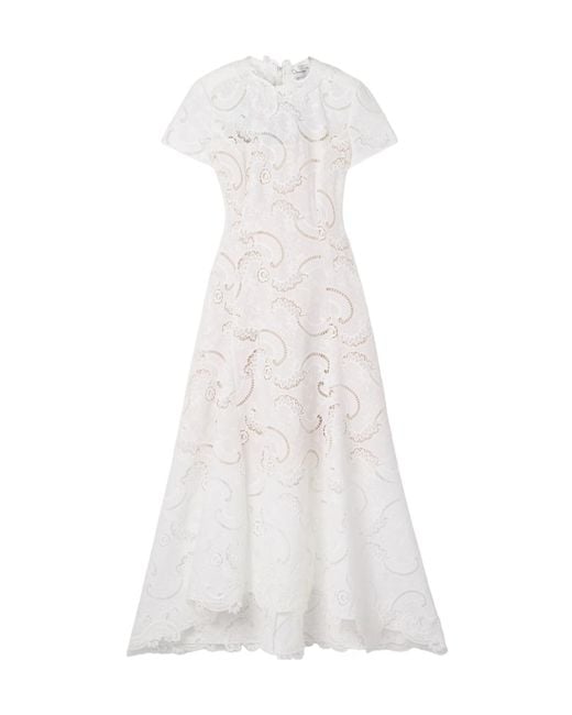 Oscar de la Renta White Scroll Asymmetric Guipure Lace Midi Dress