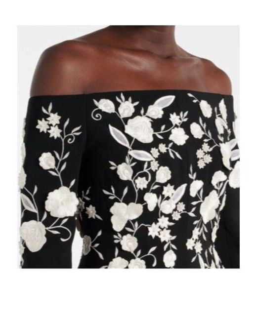 Carolina Herrera Black Embroidered Off-Shoulder Midi Dress