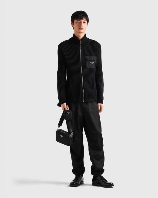 Prada Black Wool And Cashmere Cardigan With Re-Nylon Details for men