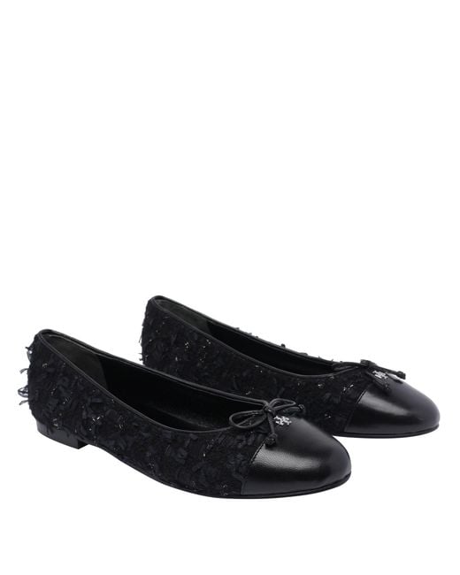 Tory Burch Black Bow Detailed Cap-Toe Ballet Flats