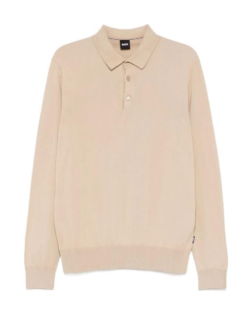 Boss Natural Long-Sleeved Knitted Polo Shirt for men