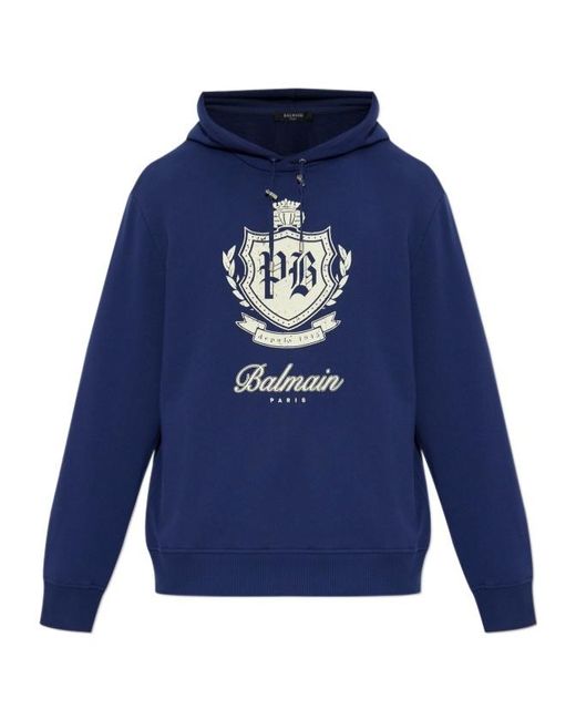 Balmain Men's Blue College Emblem Printed Drawstring Hoodie
