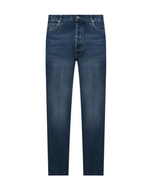 Brunello Cucinelli Blue Logo Patch Straight-Leg Jeans for men