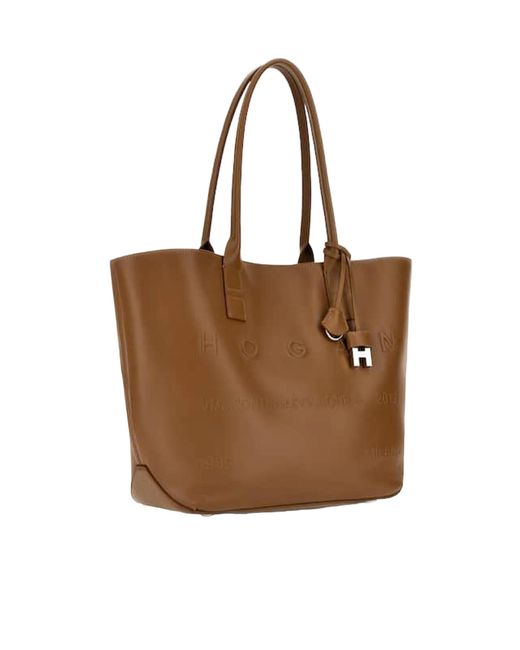 Hogan Brown Small Address Leather Tote Bag