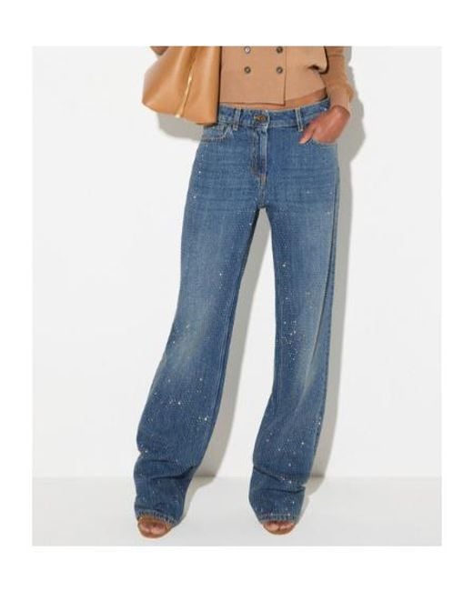 Elisabetta Franchi Blue Palazzo Jeans With Rhinestones