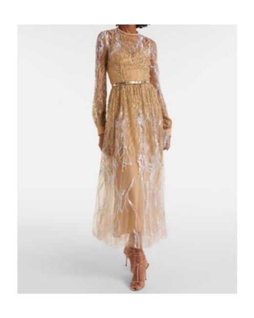 Elie Saab Natural Embroidered Tulle Midi Dress