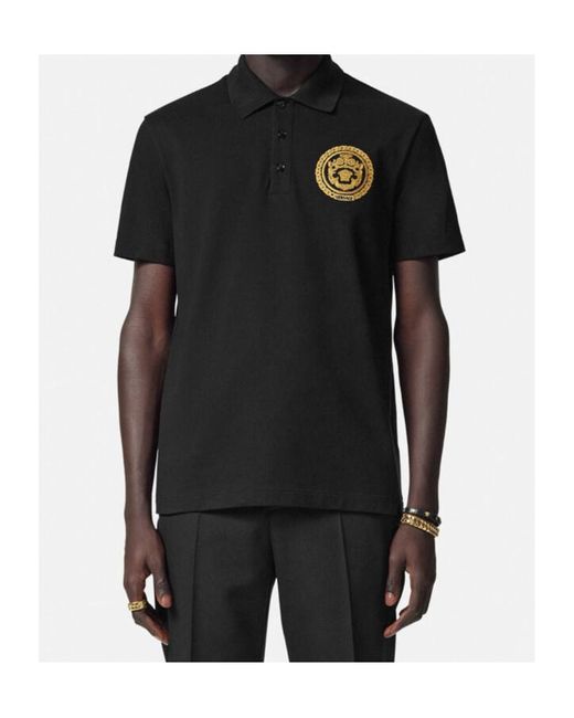 Versace Black Medusa-Printed Short-Sleeved Polo Shirt for men
